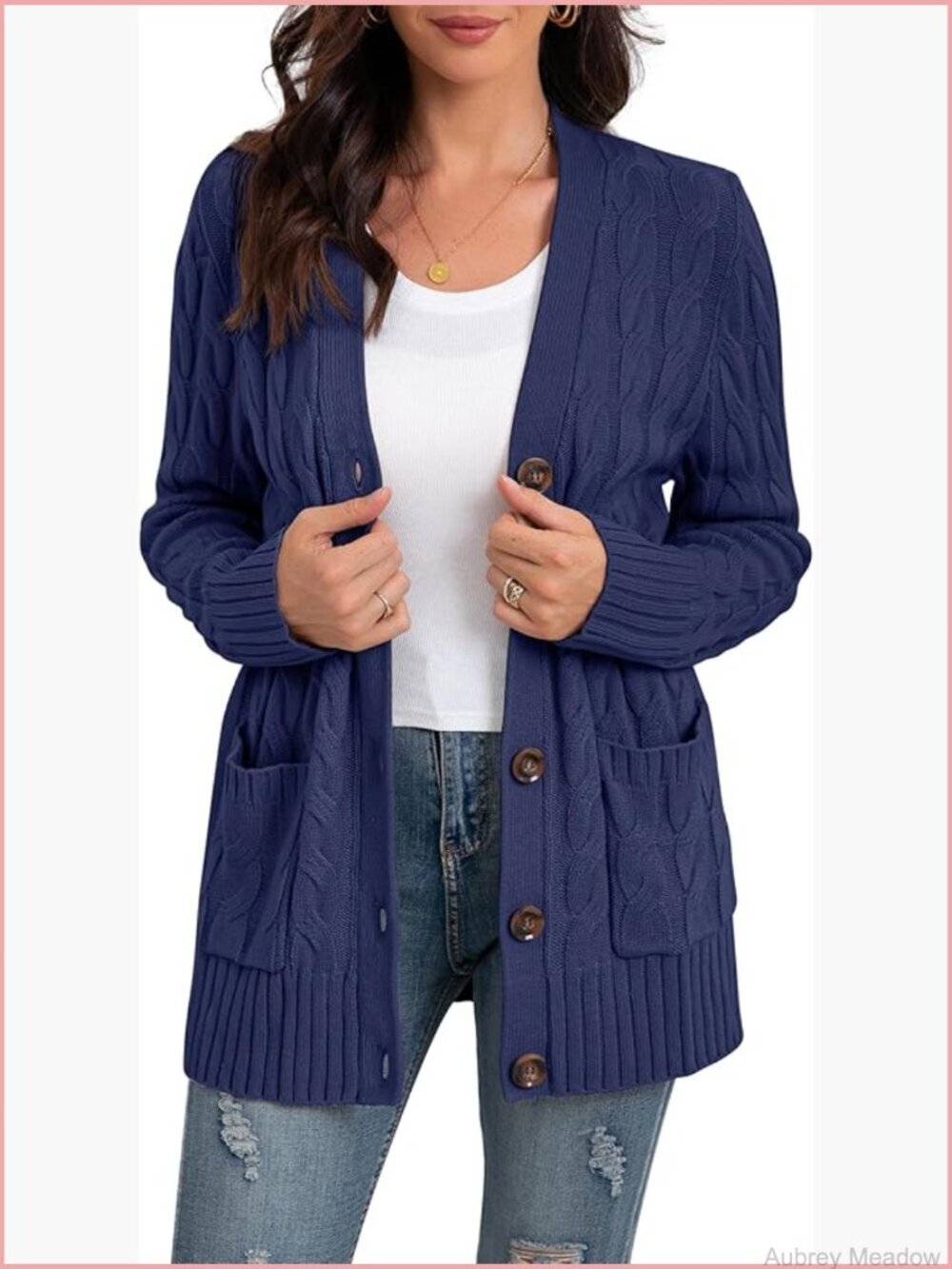 Long Sleeve Loose Knit Cable Open Front Cardigan Sweater with Pockets